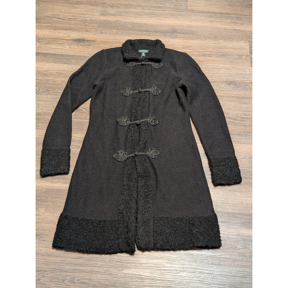 Lauren Ralph Lauren Alexander Jacket Black High Collar Lamb Fur Trim Coat XS‎